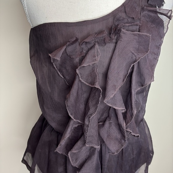 Papaya Purple Plum Asymmetrical One Shoulder Romantic Ruffled Blouse. Small - Picture 2 of 9